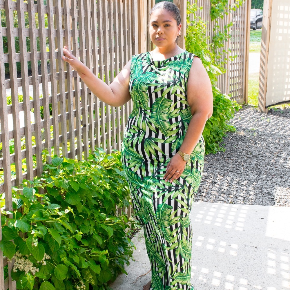 Striped Leaf Pattern Maxi Dress